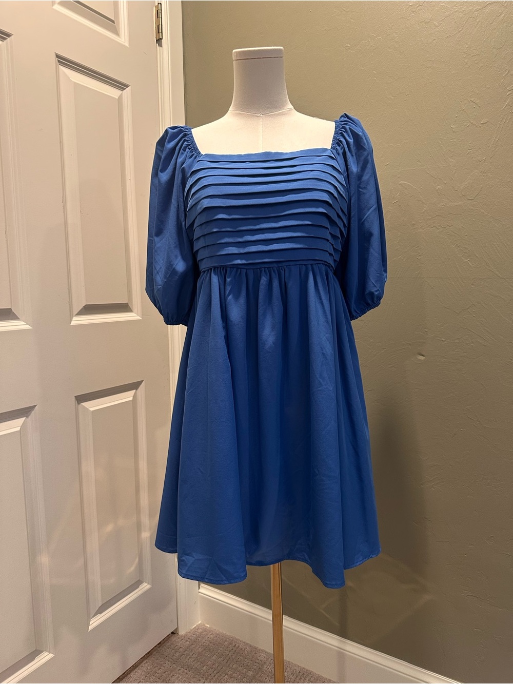 Blue Square-Neck Pleated Bodice Mini Dress